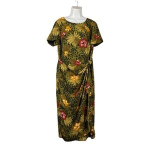 John Roberts 14W Green Leopard Tropical Floral Faux Wrap Dress Short Sleeve Plus